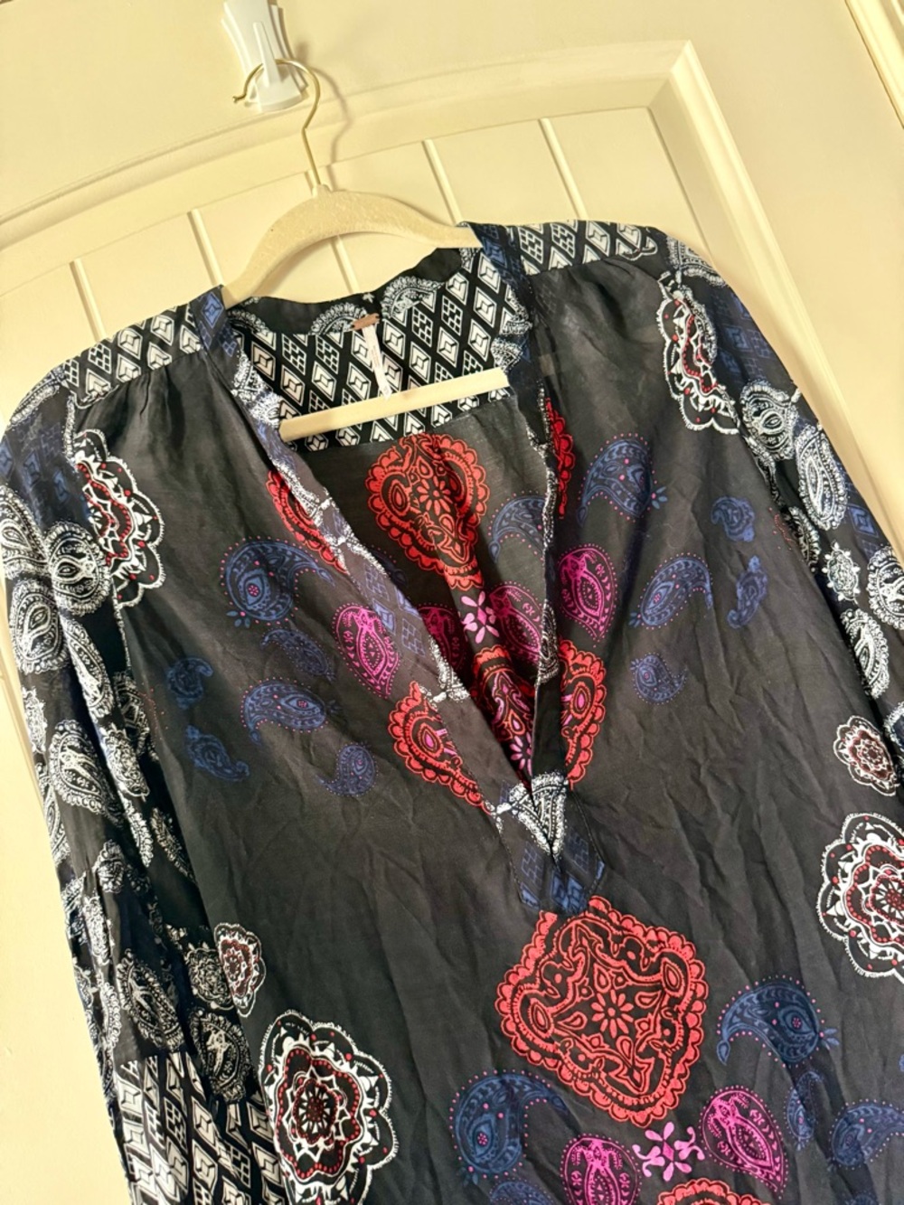 Free People Peacemaker Black Tunic Dress with Red, Purple, and Blue Paisley